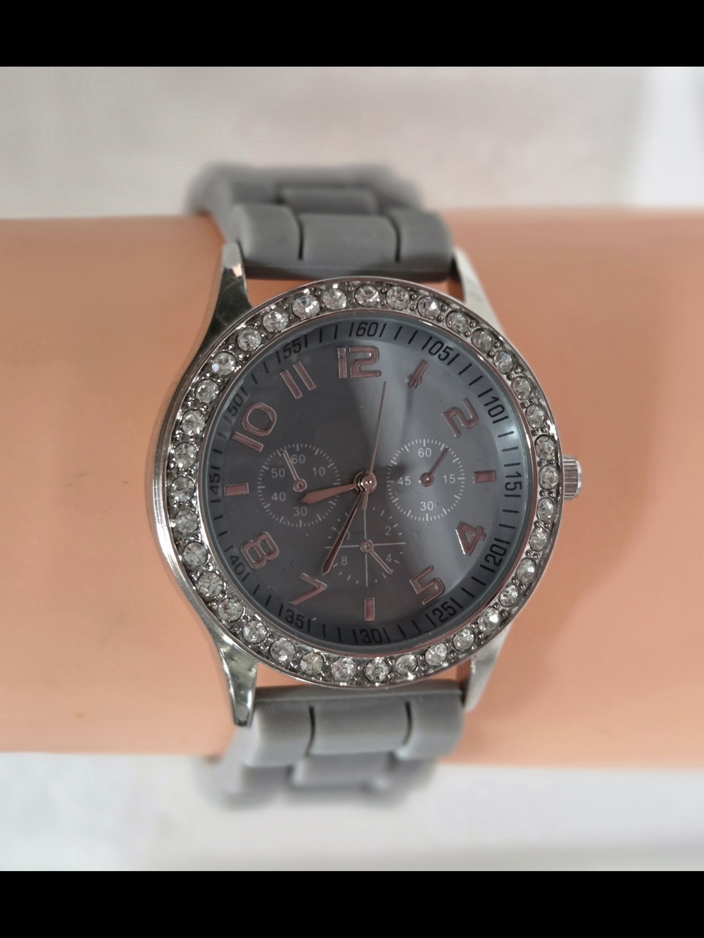 DARICE Crystal Bezel Grey Silicone Strap Watch